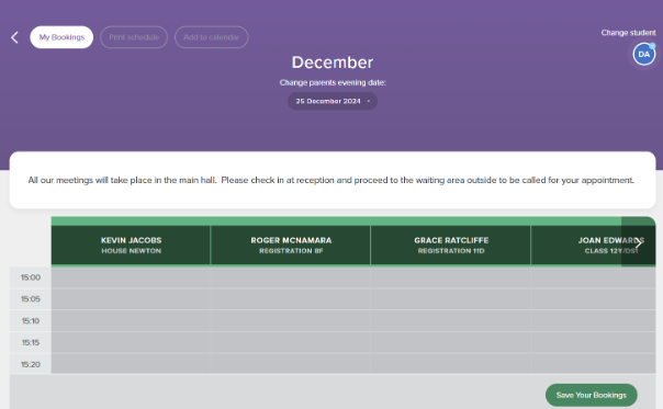 Screenshot of booking screen and 'save your booking' button